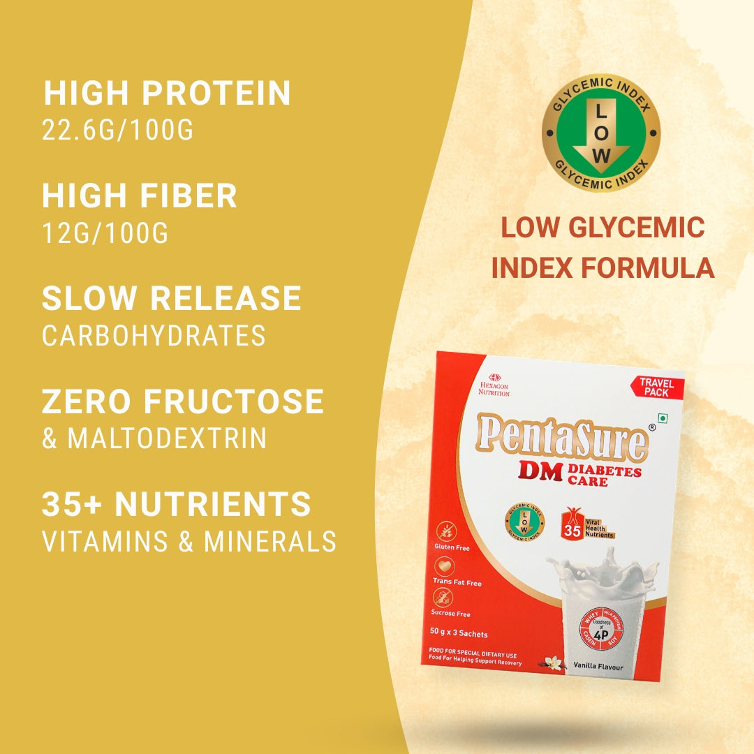 PentaSure DM Diabetes Care – High Protein, High Fiber, Low GI | Zero Fructose - Manages Blood Sugar| Vanilla Flavor | 4P Proteins Power | Slow Carb Release | Nutrition That Fits Between Meals - Travel Pack - each sachet of 50gm (3 x 50gm) - 150gm