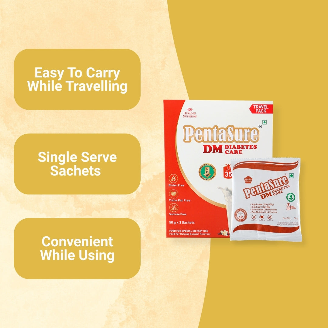 PentaSure DM Diabetes Care – High Protein, High Fiber, Low GI | Zero Fructose - Manages Blood Sugar| Vanilla Flavor | 4P Proteins Power | Slow Carb Release | Nutrition That Fits Between Meals - Travel Pack - each sachet of 50gm (3 x 50gm) - 150gm