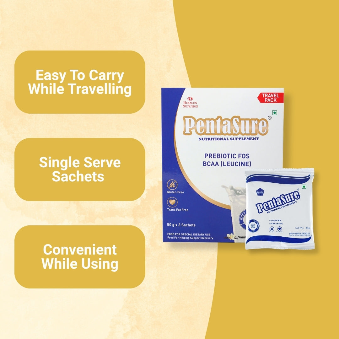 PentaSure Daily Nutrition | Whey, Milk & Soy Protein Blend | 36 Vital Nutrients | BCAA (Leucine) & Prebiotic FOS | Supports Energy, Immunity & Muscle Health | Easy to Digest Supplement |Travel Pack - each sachet of 50gm (3 x 50gm) -150gm