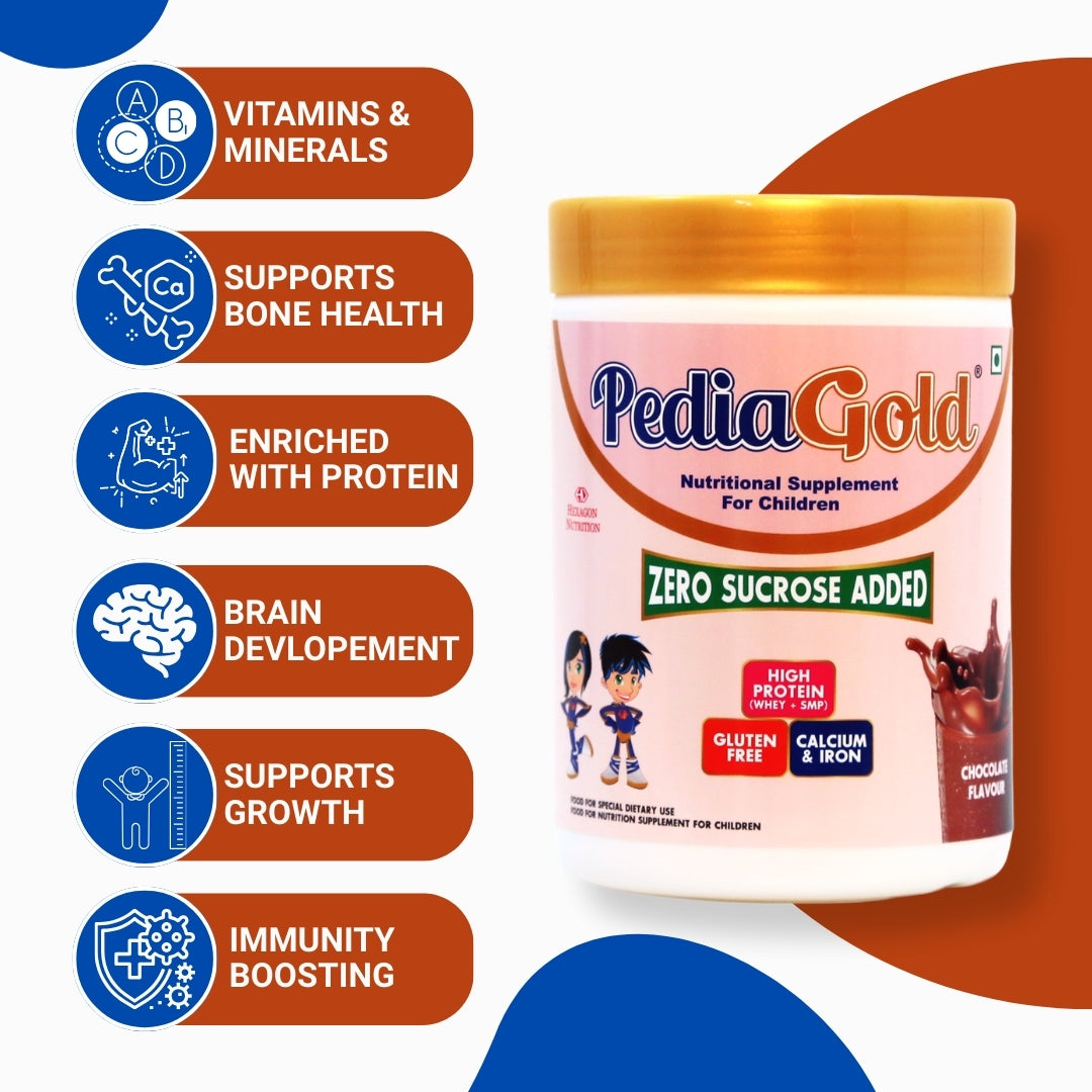 PediaGold Nutrition Mix Powder for Children | For 2-14 Years | Chocolate - 400g | Zero Added Sucrose | Power of 35 Vital Nutrients | 6g protein per serving | Supports Overall Health, Boosts Immunity & Brain Development | Nutritional Supplement for Kids