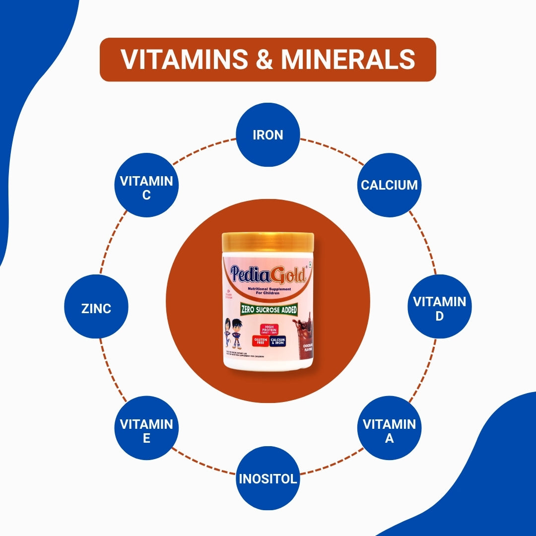 PediaGold Nutrition Mix Powder for Children | For 2-14 Years | Chocolate - 400g | Zero Added Sucrose | Power of 35 Vital Nutrients | 6g protein per serving | Supports Overall Health, Boosts Immunity & Brain Development | Nutritional Supplement for Kids