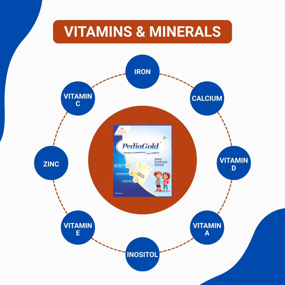 PediaGold Nutrition Mix Powder for Children | For 2-14 Years | Vanilla -200g | Zero Added Sucrose | Power of 35 Vital Nutrients | 6g protein per serving | Supports Overall Health, Boosts Immunity & Brain Development | Nutritional Supplement for Kids