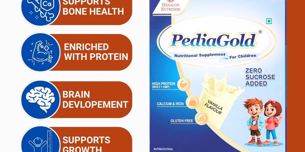 PediaGold Nutrition Mix Powder for Children | For 2-14 Years | Vanilla -200g | Zero Added Sucrose | Power of 35 Vital Nutrients | 6g protein per serving | Supports Overall Health, Boosts Immunity & Brain Development | Nutritional Supplement for Kids
