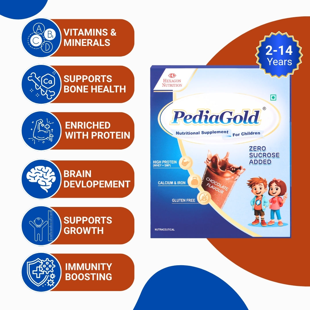 PediaGold Nutrition Mix Powder for Children | For 2-14 Years | Chocolate - 200g | Zero Added Sucrose | Power of 35 Vital Nutrients | 6g protein per serving | Supports Overall Health, Boosts Immunity & Brain Development | Nutritional Supplement for Kids