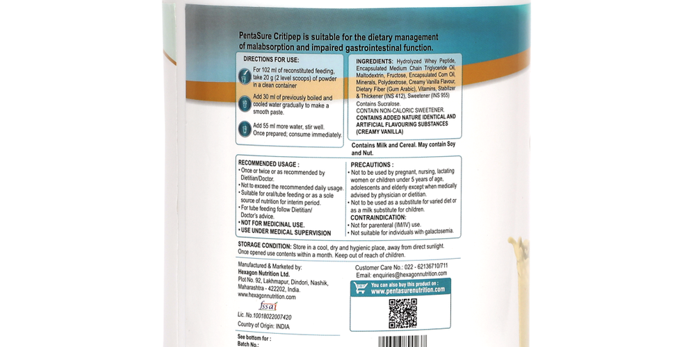 Pentasure CRITIPEP Peptide Diet - Critical Care Recovery Nutrition Supplement-400 gm