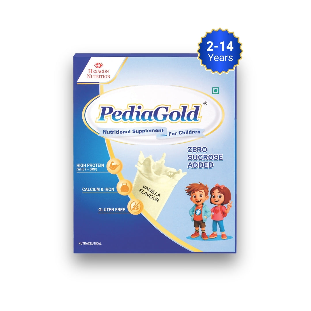 PediaGold Nutrition Mix Powder for Children | For 2-14 Years | Vanilla -200g | Zero Added Sucrose | Power of 35 Vital Nutrients | 6g protein per serving | Supports Overall Health, Boosts Immunity & Brain Development | Nutritional Supplement for Kids