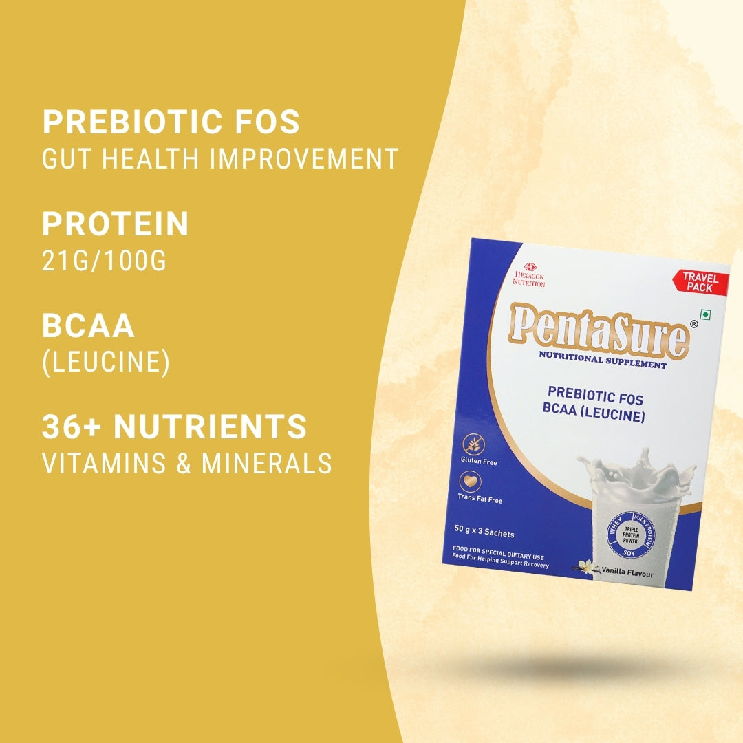 PentaSure Daily Nutrition | Whey, Milk & Soy Protein Blend | 36 Vital Nutrients | BCAA (Leucine) & Prebiotic FOS | Supports Energy, Immunity & Muscle Health | Easy to Digest Supplement |Travel Pack - each sachet of 50gm (3 x 50gm) -150gm