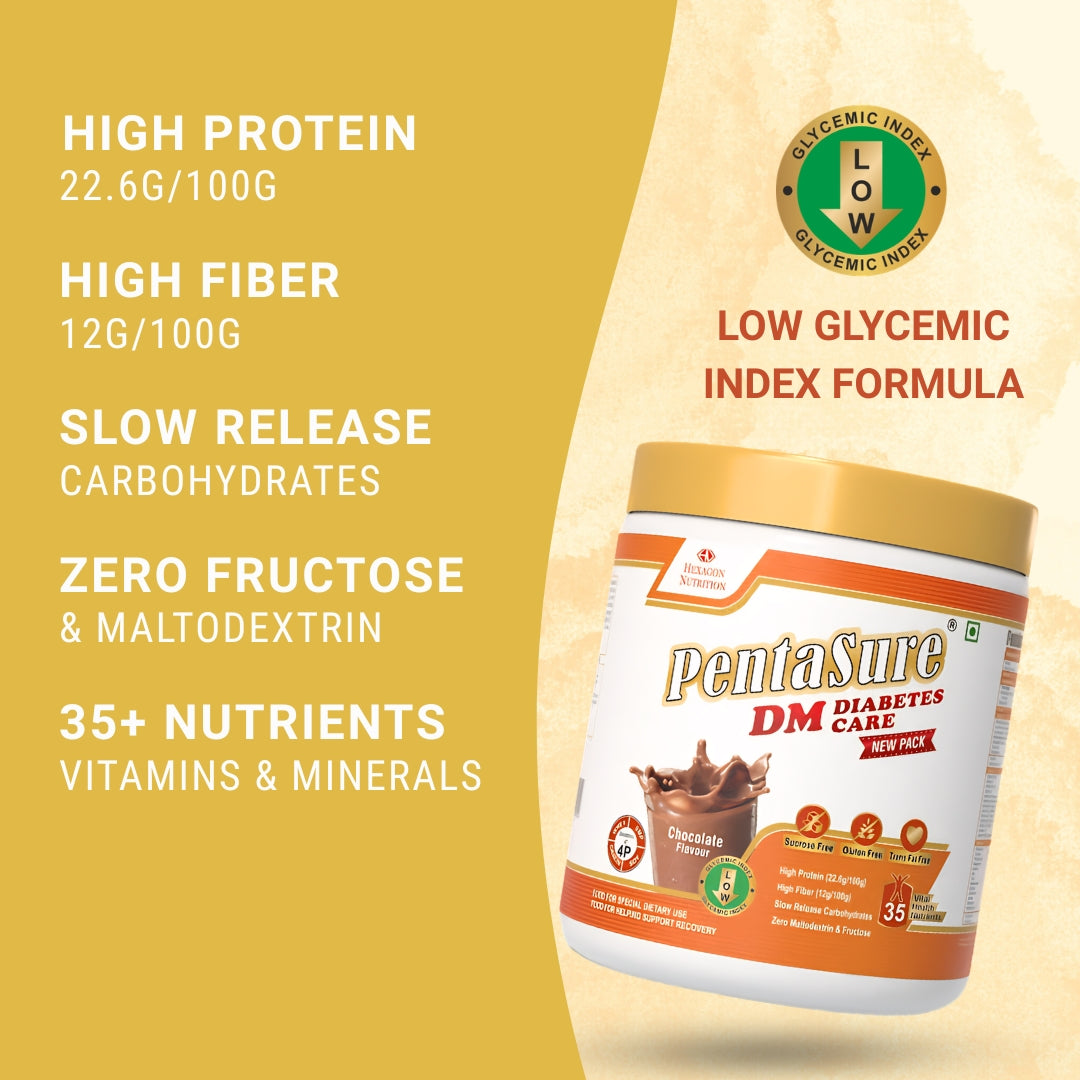 PentaSure DM Diabetes Care – High Protein, High Fiber, Low GI | Zero Fructose Nutritional Drink Manages Blood Sugar, Manage Cholesterol Level | Chocolate Flavor - 400g | 4P Proteins Power | Slow Carb Release | Nutrition That Fits Between Meals